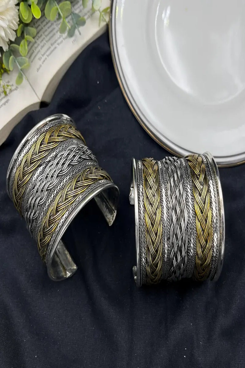 Vastrabhushan Dual Tone Oxidized Hand Cuff Bracelet | Silver Gold Tribal Statement Kada | Grocsy