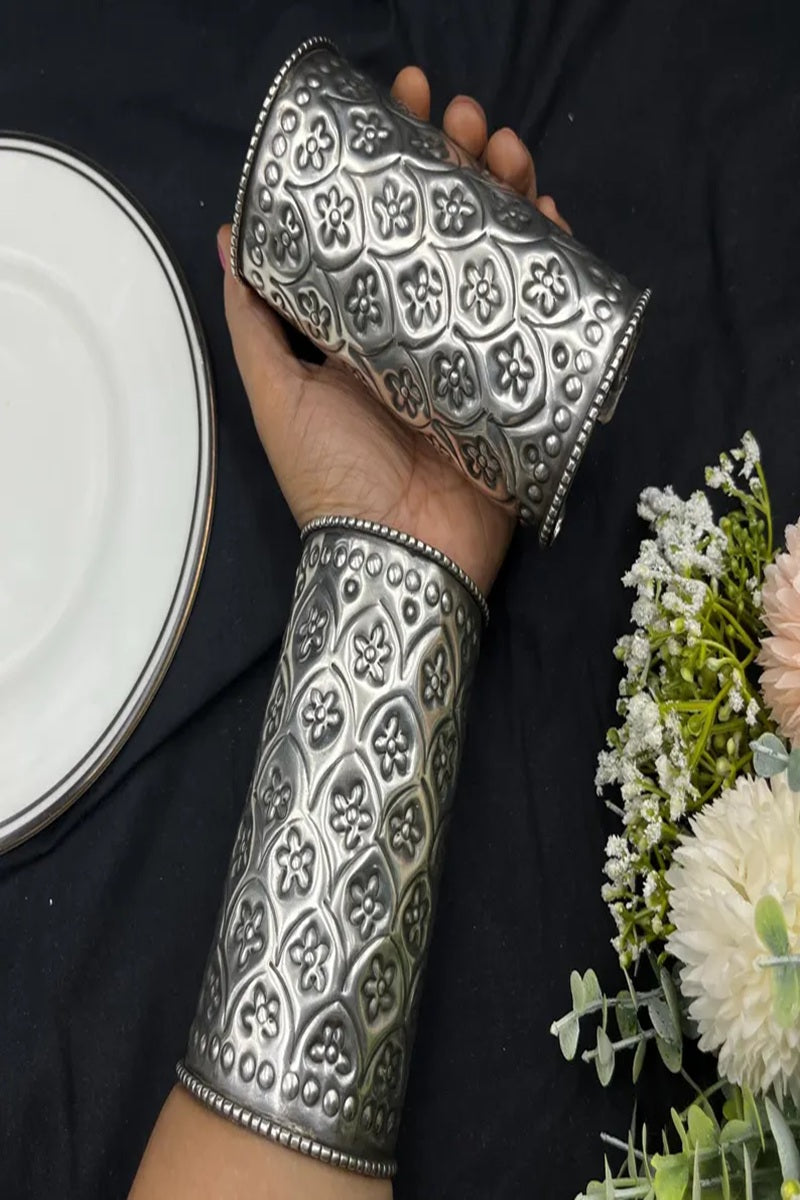 Vastrabhushan Oxidised Silver Hand Cuff Bracelet (set of 2) for Women, Floral Vintage Statement Cuff | Grocsy
