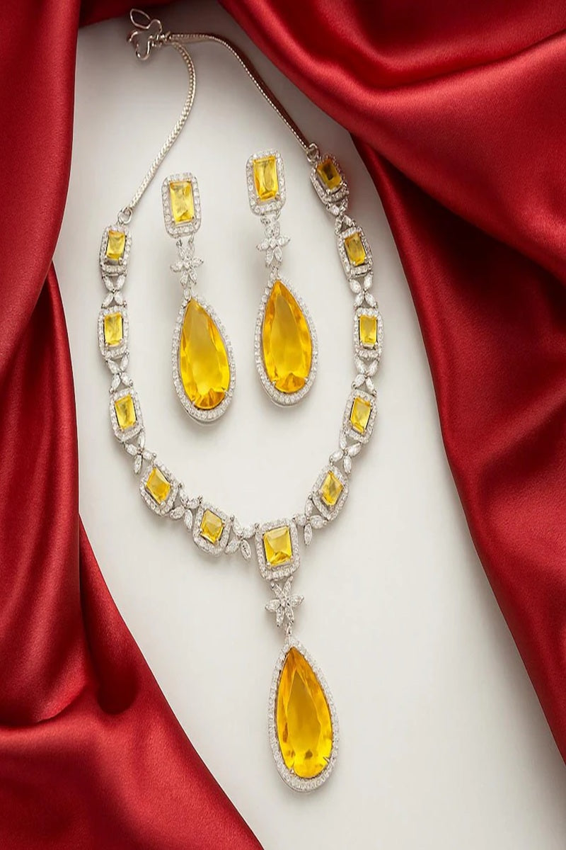 Vastrabhushan Yellow CZ Crystal Necklace Set: Indian Bridal Jewelry | Grocsy