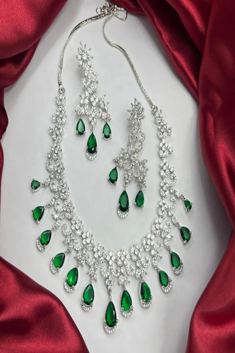 Vastrabhushan Emerald Green CZ Necklace Set: Indian Bollywood Jewelry | Grocsy