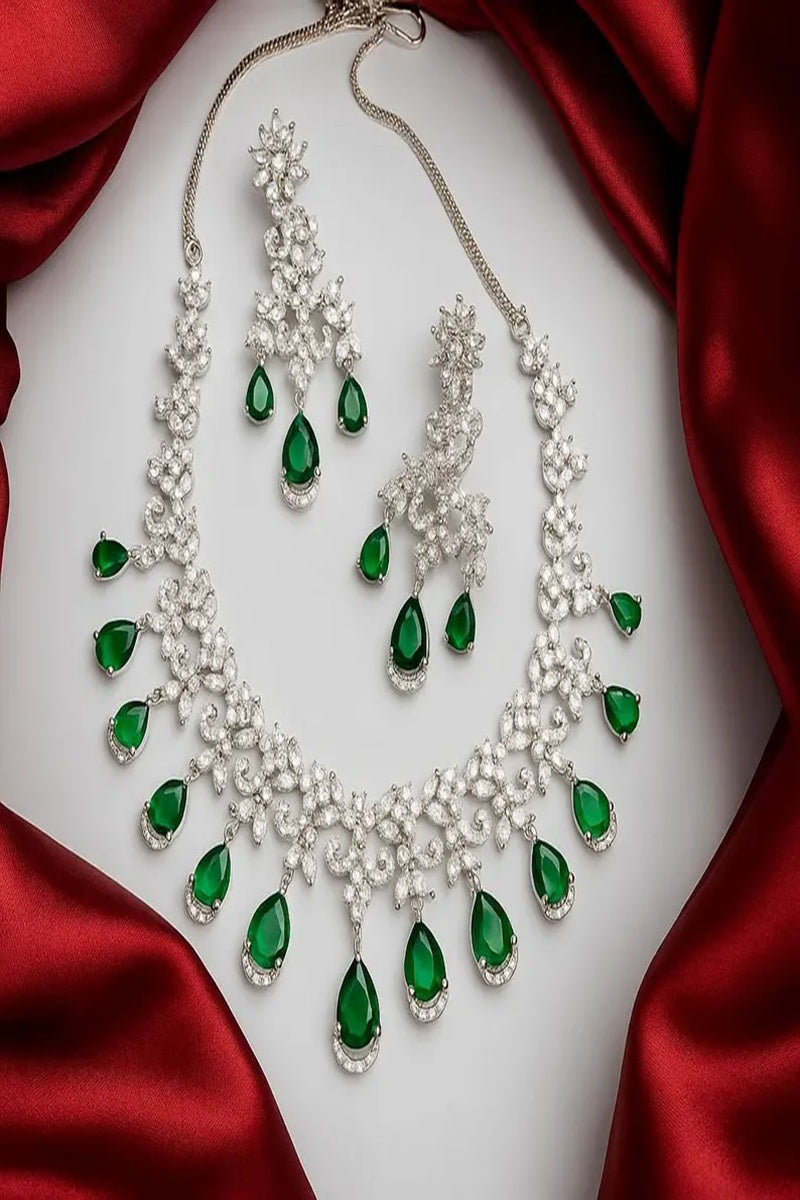 Vastrabhushan Emerald Green CZ Necklace Set: Indian Bollywood Jewelry | Grocsy