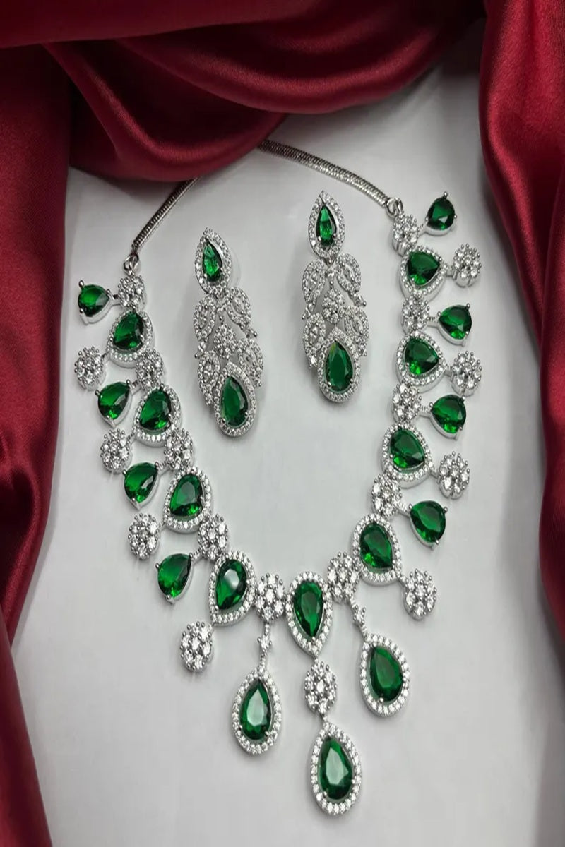 Vastrabhushan Emerald Green Teardrop Bridal Jewelry Set: Crystal CZ Choker Necklace & Earrings | Grocsy