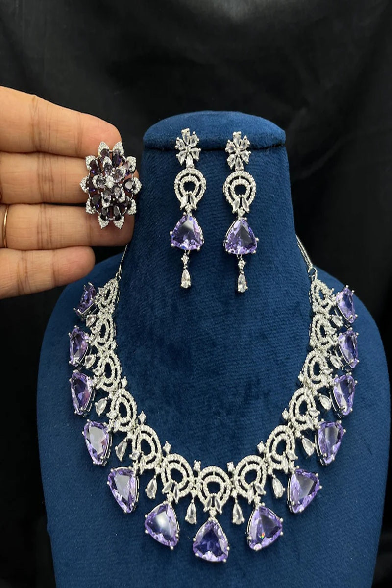Vastrabhushan Amethyst CZ Bridal Jewelry Set: Silver Wedding Necklace & Earrings | Grocsy