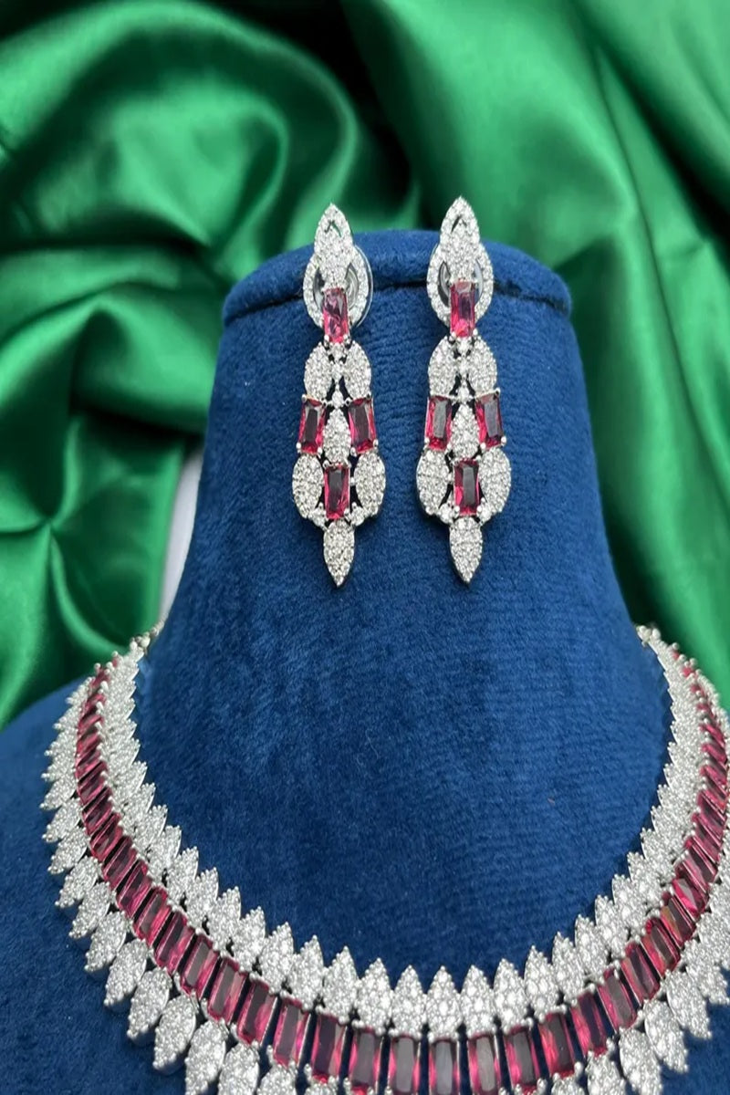 Vastrabhushan Ruby CZ Bridal Jewelry Set: Silver Choker Necklace & Dangle Earrings | Grocsy