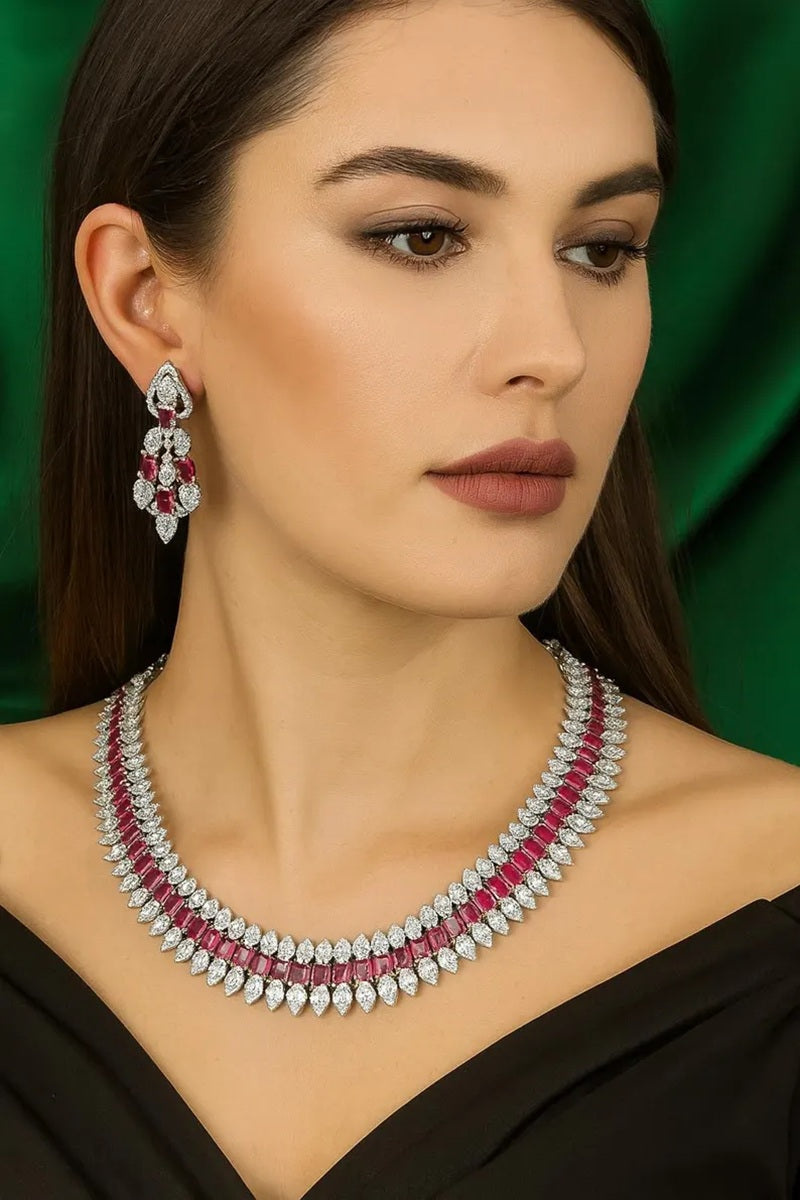 Vastrabhushan Ruby CZ Bridal Jewelry Set: Silver Choker Necklace & Dangle Earrings | Grocsy