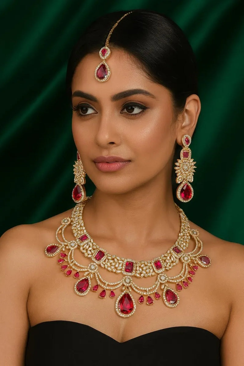Vastrabhushan Red Stone Kundan Bridal Jewelry Set | Choker Necklace, Maang Tikka | Grocsy