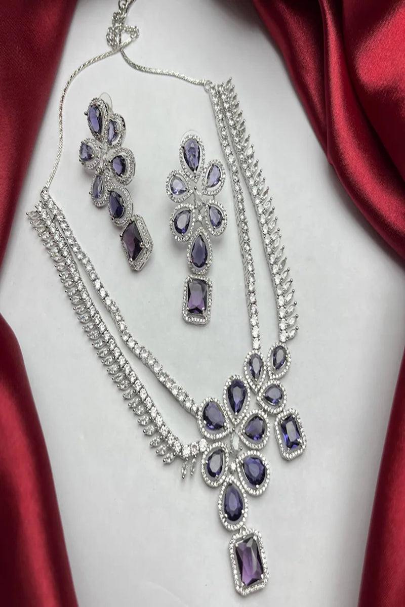 Vastrabhushan Purple Stone Bridal Jewelry Set: Silver Plated CZ Necklace and Earrings | Grocsy