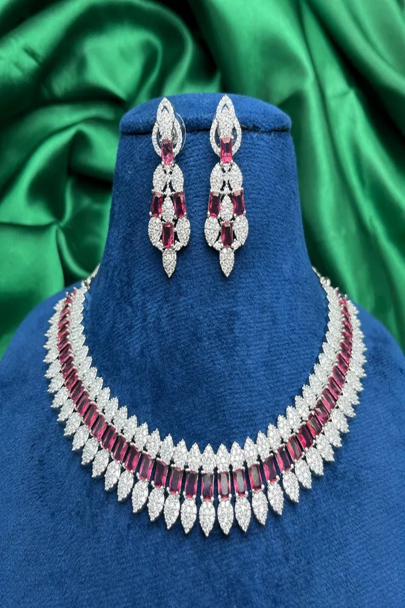 Vastrabhushan Ruby CZ Bridal Jewelry Set: Silver Choker Necklace & Dangle Earrings | Grocsy