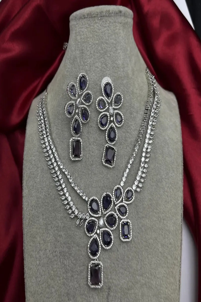 Vastrabhushan Purple Stone Bridal Jewelry Set: Silver Plated CZ Necklace and Earrings | Grocsy