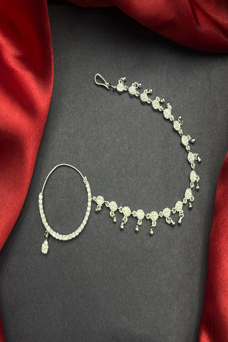 Vastrabhushan CZ Diamond Bridal Nath: Silver Indian Nose Ring with Chain | Grocsy