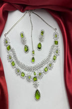 Vastrabhushan Emerald Green Bridal Jewelry Set|Silver-Plated Necklace, Earrings, Maangtika | Grocsy