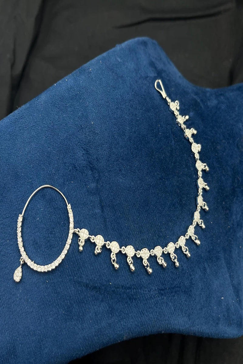Vastrabhushan CZ Diamond Bridal Nath: Silver Indian Nose Ring with Chain | Grocsy