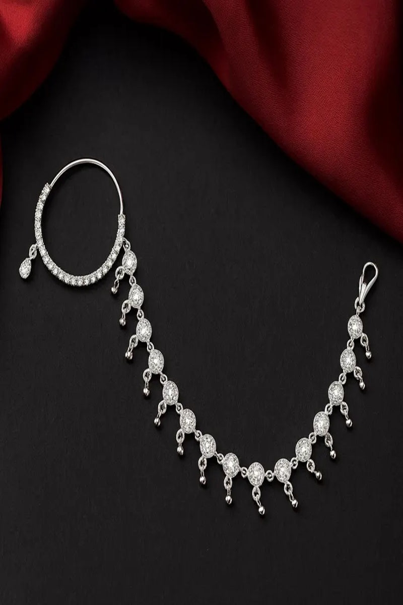 Vastrabhushan CZ Diamond Bridal Nath: Silver Indian Nose Ring with Chain | Grocsy