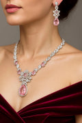 Vastrabhushan Pink Crystal Teardrop Necklace and Earrings|Silver Bridal Jewelry Set | Grocsy