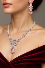 Vastrabhushan Pink Crystal Teardrop Necklace and Earrings|Silver Bridal Jewelry Set | Grocsy
