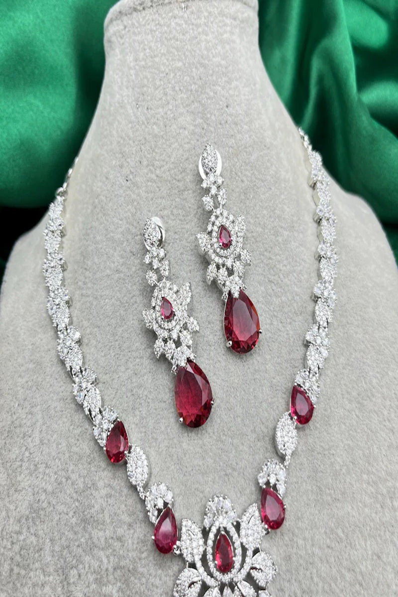 Vastrabhushan Bridal Ruby Red Necklace and Earring Set | CZ Diamond Choker | Grocsy