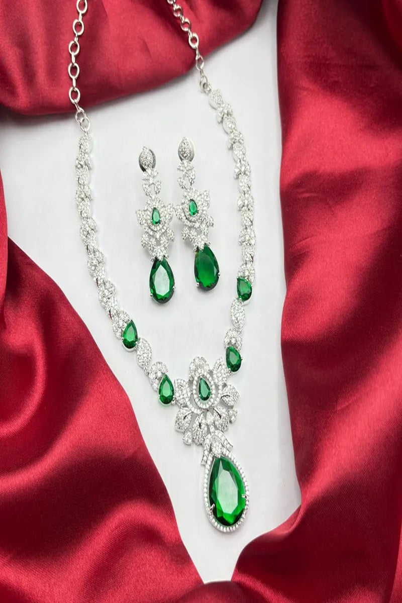 Vastrabhushan Emerald Green Crystal Jewelry Set | Silver Plated Bridal Necklace Earrings | Grocsy