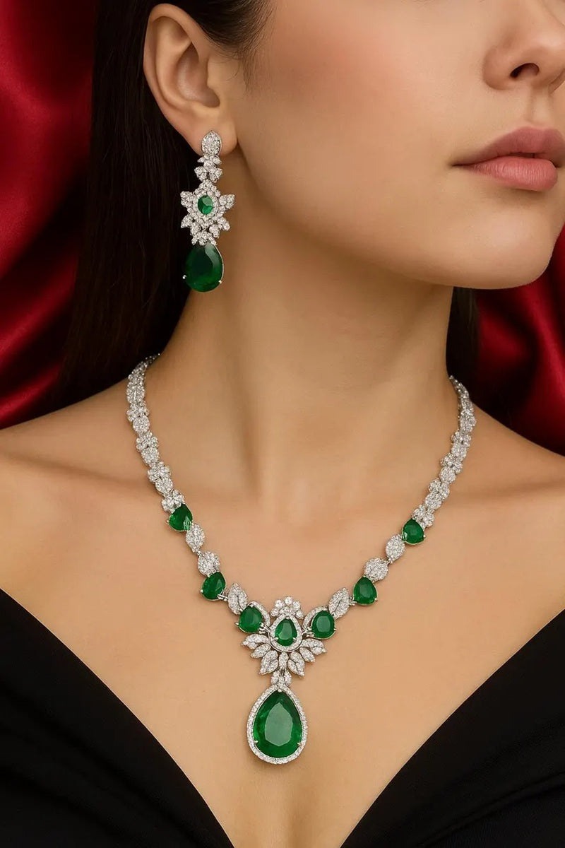 Vastrabhushan Emerald Green Crystal Jewelry Set | Silver Plated Bridal Necklace Earrings | Grocsy