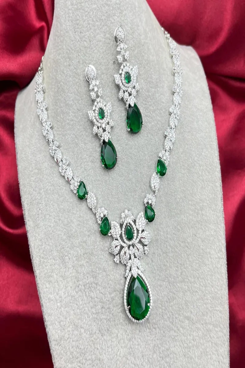 Vastrabhushan Emerald Green Crystal Jewelry Set | Silver Plated Bridal Necklace Earrings | Grocsy