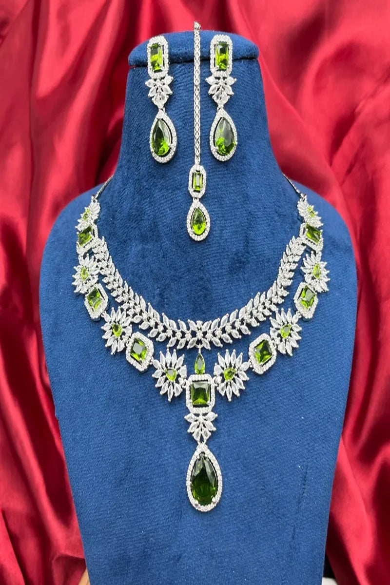 Vastrabhushan Emerald Green Bridal Jewelry Set|Silver-Plated Necklace, Earrings, Maangtika | Grocsy