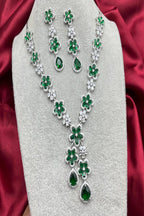 Vastrabhushan Emerald Green Floral Necklace Earring Set | Silver Plated Bridal Jewelry | Grocsy