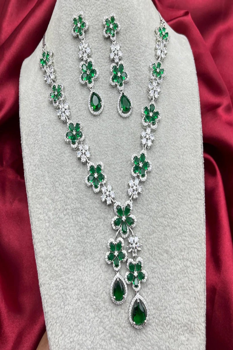 Vastrabhushan Emerald Green Floral Necklace Earring Set | Silver Plated Bridal Jewelry | Grocsy