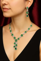 Vastrabhushan Emerald Green Floral Necklace Earring Set | Silver Plated Bridal Jewelry | Grocsy