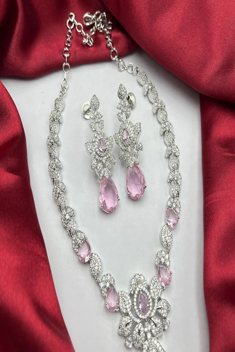 Vastrabhushan Pink Crystal Teardrop Necklace and Earrings|Silver Bridal Jewelry Set | Grocsy