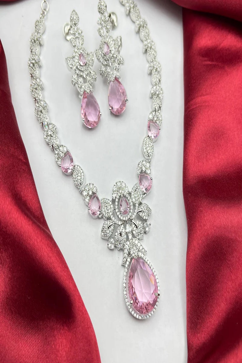 Vastrabhushan Pink Crystal Teardrop Necklace and Earrings|Silver Bridal Jewelry Set | Grocsy