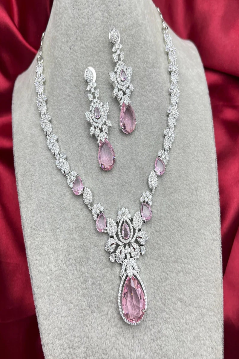 Vastrabhushan Pink Crystal Teardrop Necklace and Earrings|Silver Bridal Jewelry Set | Grocsy