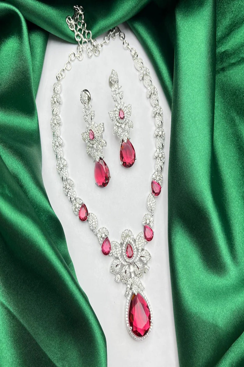 Vastrabhushan Bridal Ruby Red Necklace and Earring Set | CZ Diamond Choker | Grocsy