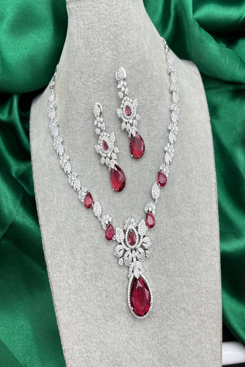 Vastrabhushan Bridal Ruby Red Necklace and Earring Set | CZ Diamond Choker | Grocsy
