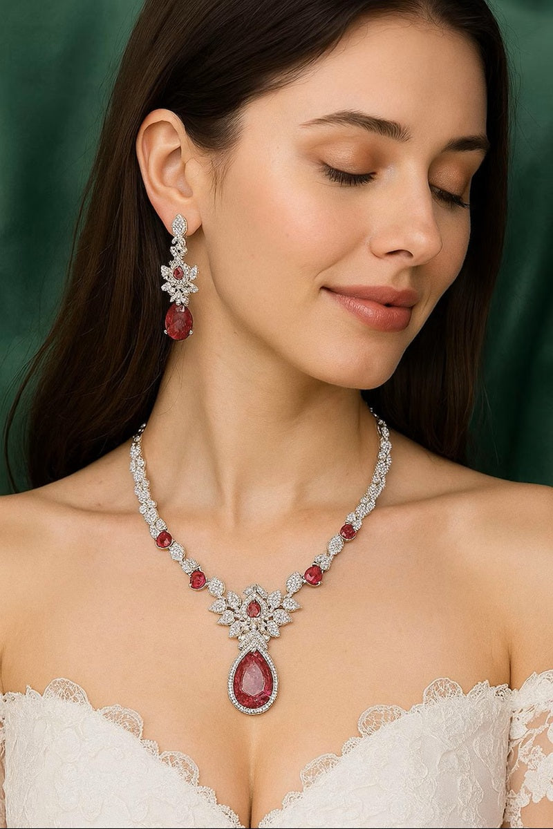 Vastrabhushan Bridal Ruby Red Necklace and Earring Set | CZ Diamond Choker | Grocsy