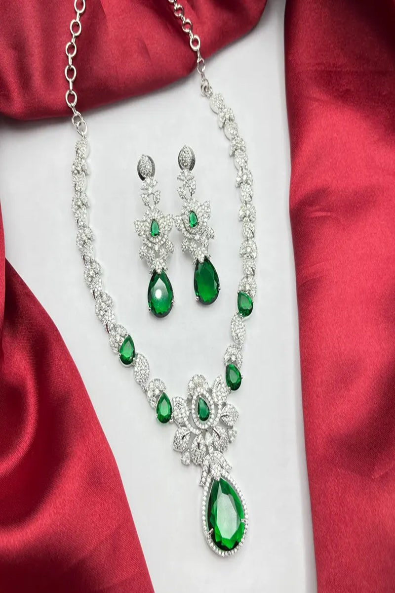 Vastrabhushan Emerald Green Crystal Jewelry Set | Silver Plated Bridal Necklace Earrings | Grocsy
