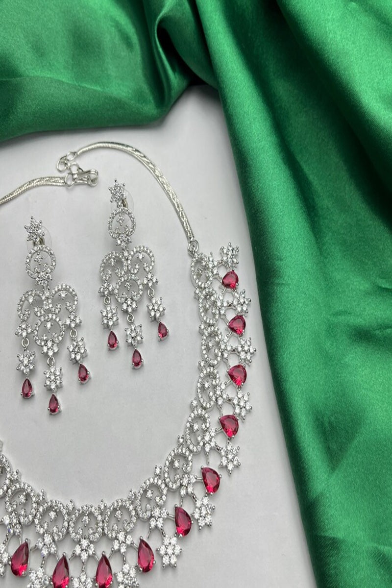 Vastrabhushan Red Crystal Bridal Jewelry Set, Silver CZ Choker Necklace | Grocsy
