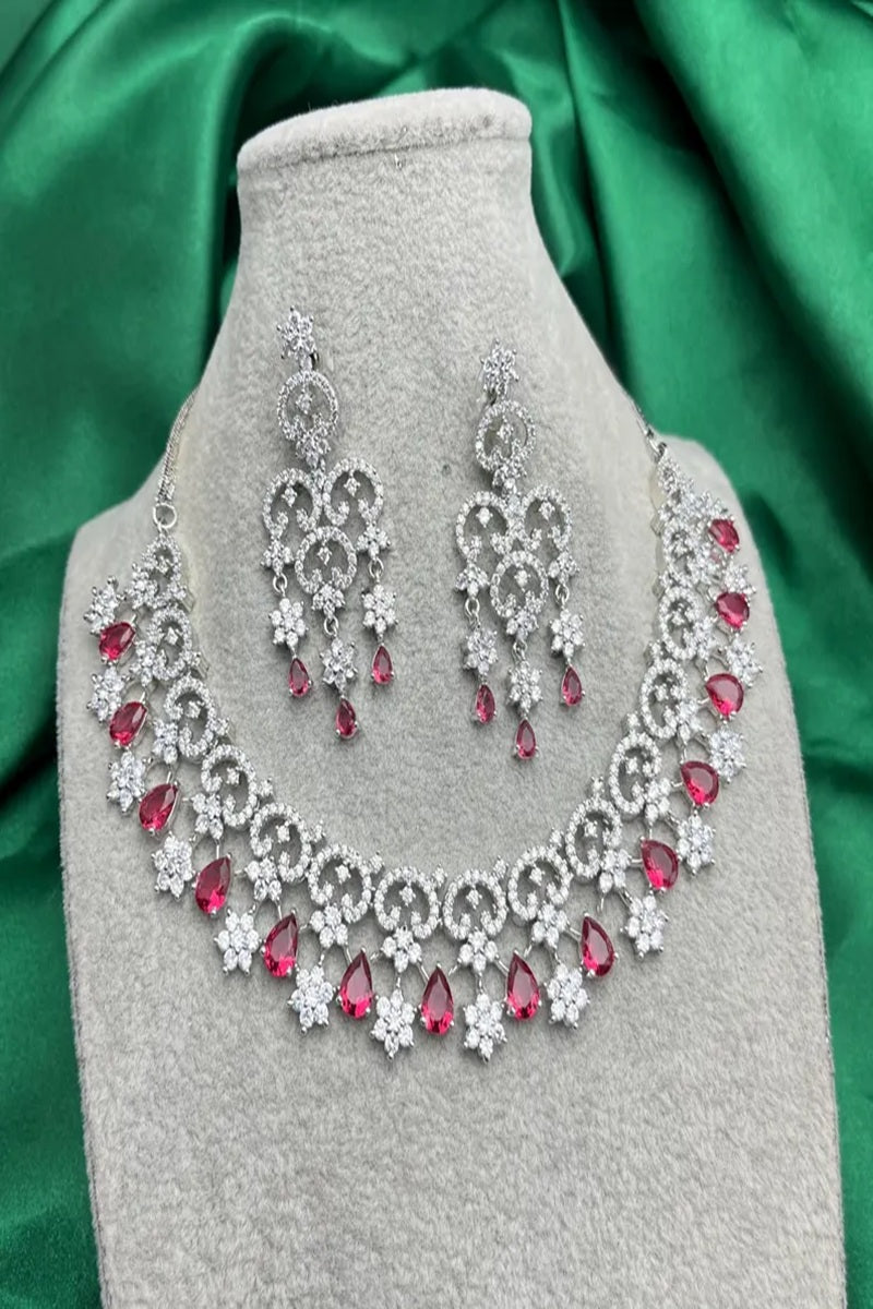 Vastrabhushan Red Crystal Bridal Jewelry Set, Silver CZ Choker Necklace | Grocsy
