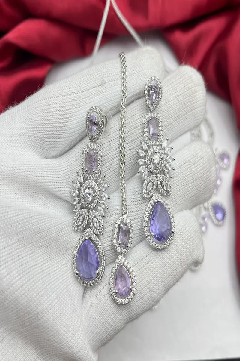 Vastrabhushan Lavender CZ Bridal Jewelry Set | Silver Tone Indian Wedding Necklace, Earrings & Maang Tikka | Grocsy