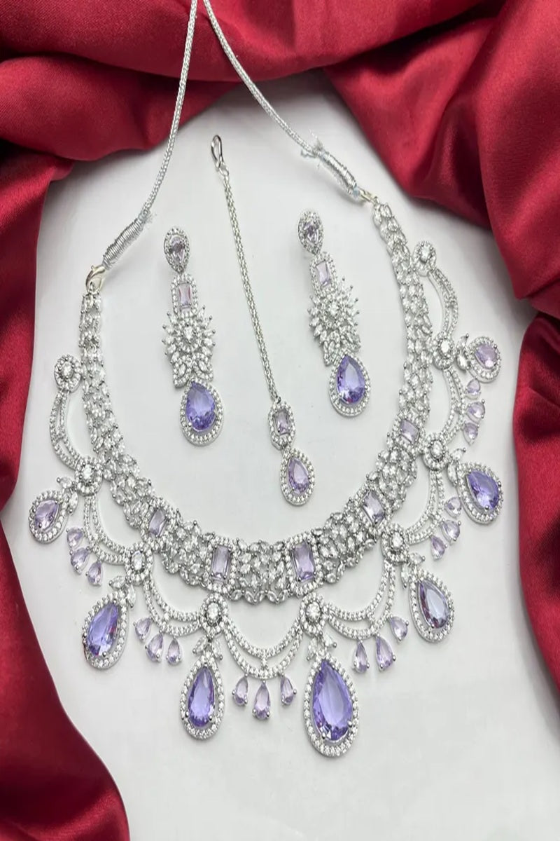 Vastrabhushan Lavender CZ Bridal Jewelry Set | Silver Tone Indian Wedding Necklace, Earrings & Maang Tikka | Grocsy