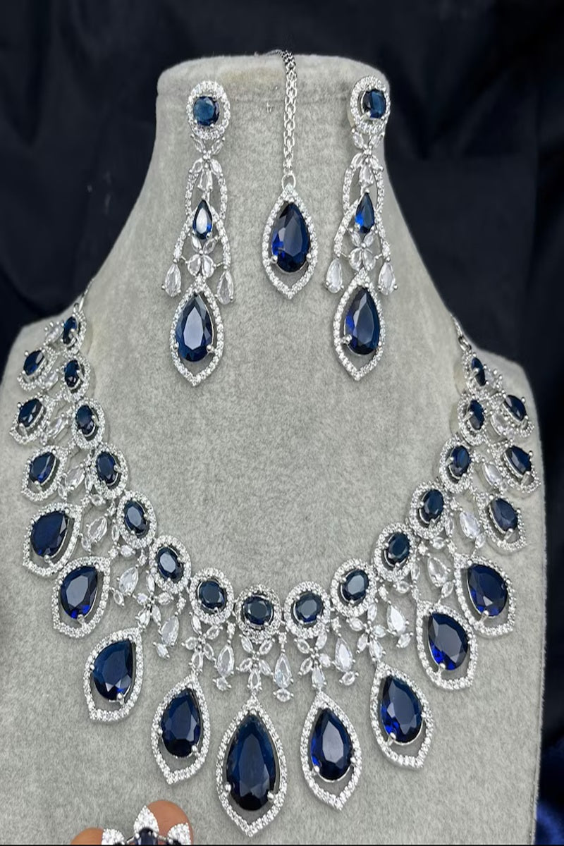 Vastrabhushan Royal Blue Sapphire Bridal Jewelry Set: CZ Crystal Choker | Grocsy
