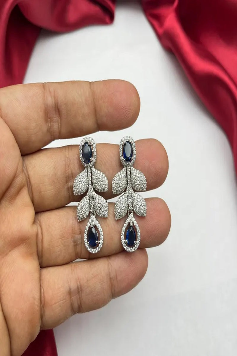 Vastrabhushan Blue Sapphire CZ Bridal Jewelry Set | Silver Plated Wedding Necklace Earrings | Grocsy