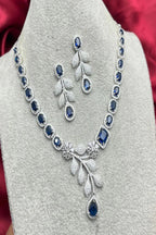 Vastrabhushan Blue Sapphire CZ Bridal Jewelry Set | Silver Plated Wedding Necklace Earrings | Grocsy