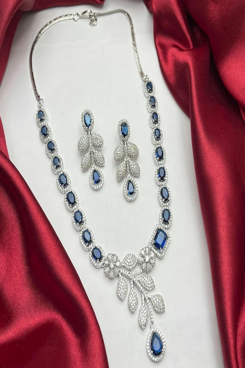 Vastrabhushan Blue Sapphire CZ Bridal Jewelry Set | Silver Plated Wedding Necklace Earrings | Grocsy
