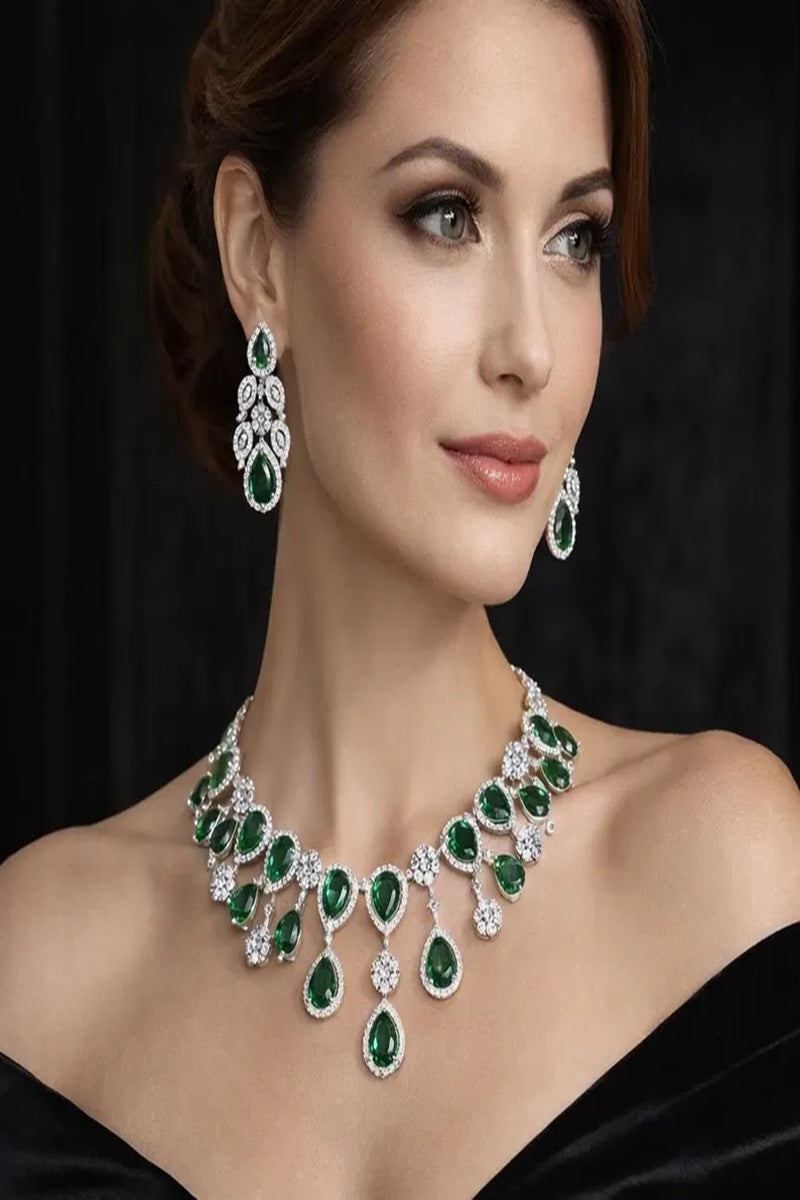 Vastrabhushan Emerald Green Teardrop Bridal Jewelry Set: Crystal CZ Choker Necklace & Earrings | Grocsy