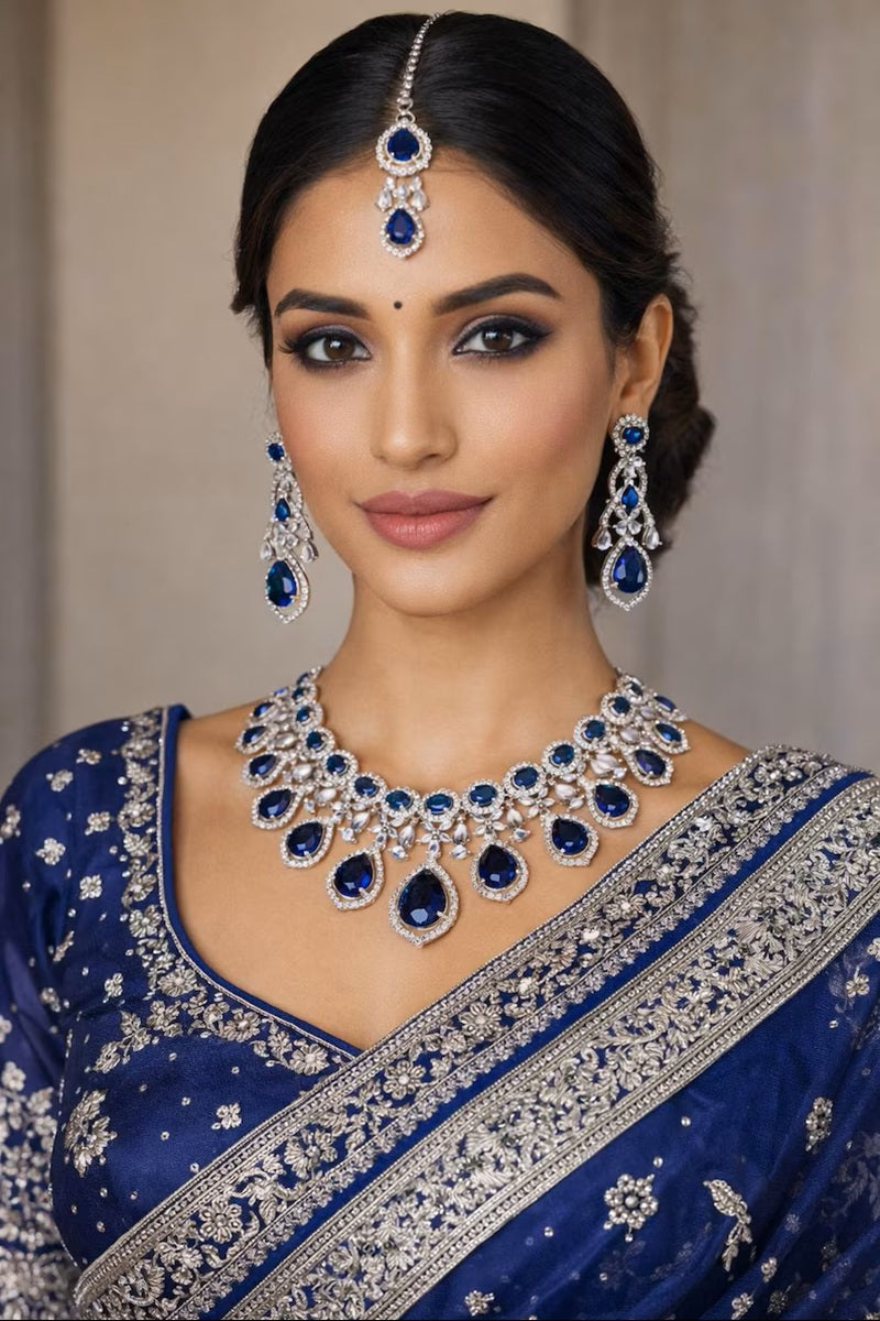 Vastrabhushan Royal Blue Sapphire Bridal Jewelry Set: CZ Crystal Choker | Grocsy