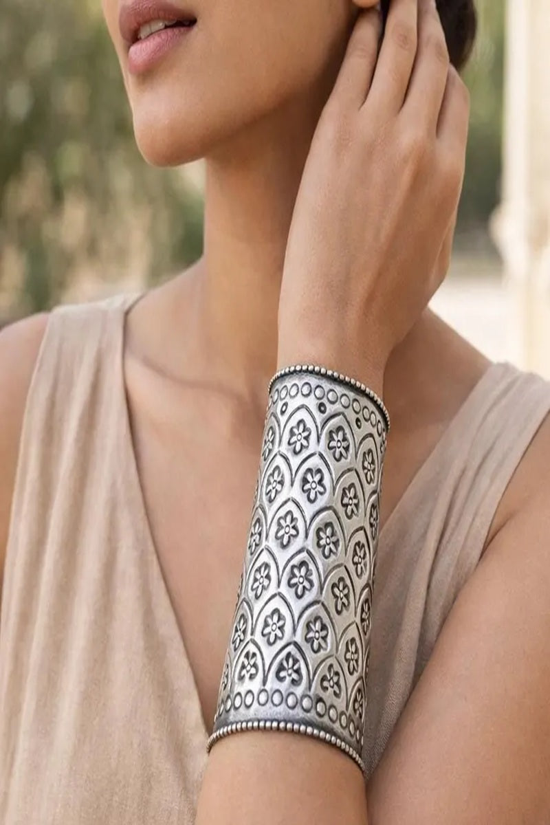 Vastrabhushan Oxidised Silver Hand Cuff Bracelet (set of 2) for Women, Floral Vintage Statement Cuff | Grocsy