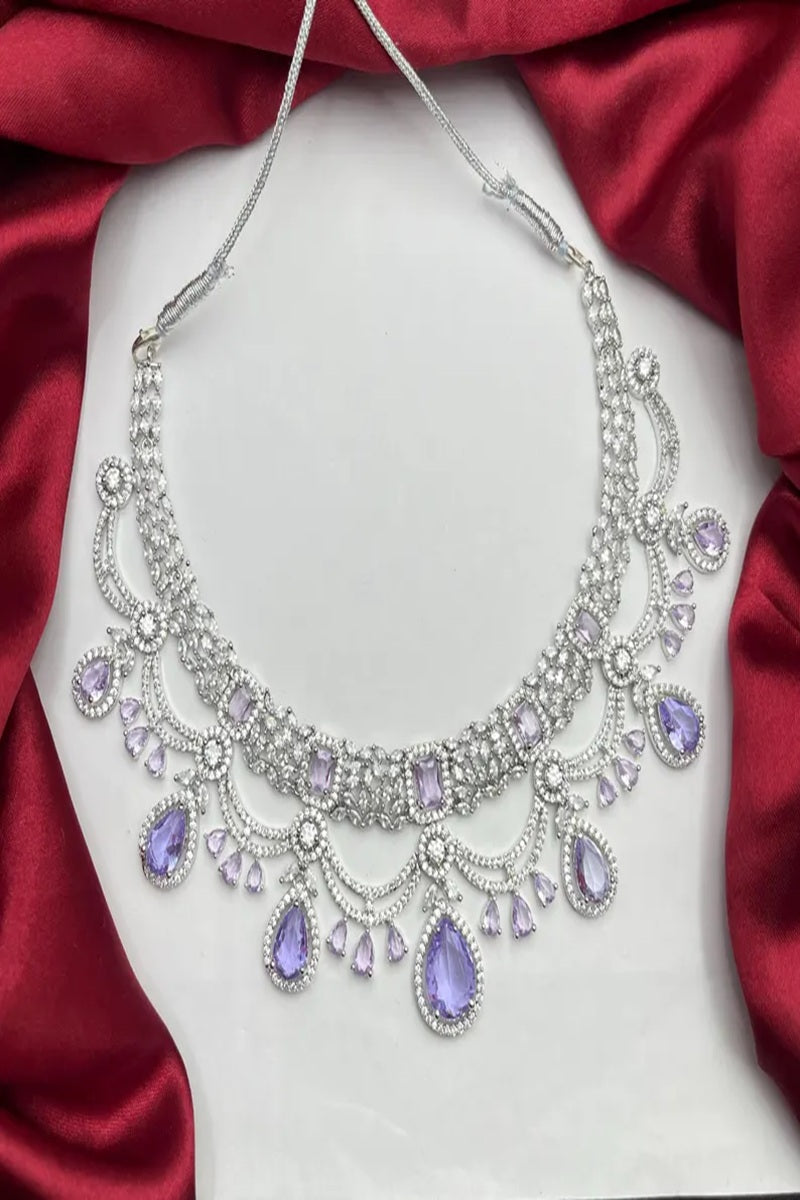 Vastrabhushan Lavender CZ Bridal Jewelry Set | Silver Tone Indian Wedding Necklace, Earrings & Maang Tikka | Grocsy