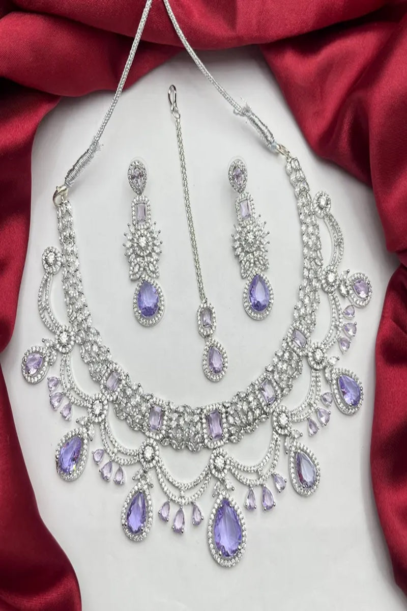 Vastrabhushan Lavender CZ Bridal Jewelry Set | Silver Tone Indian Wedding Necklace, Earrings & Maang Tikka | Grocsy
