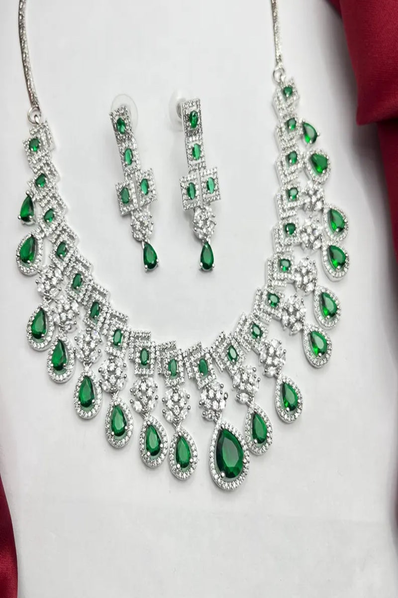Vastrabhushan Emerald Green CZ Bridal Jewelry Set | Silver Tone Wedding Necklace | Grocsy