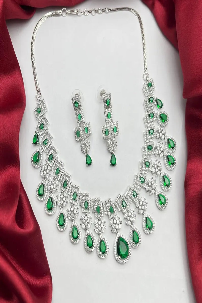 Vastrabhushan Emerald Green CZ Bridal Jewelry Set | Silver Tone Wedding Necklace | Grocsy