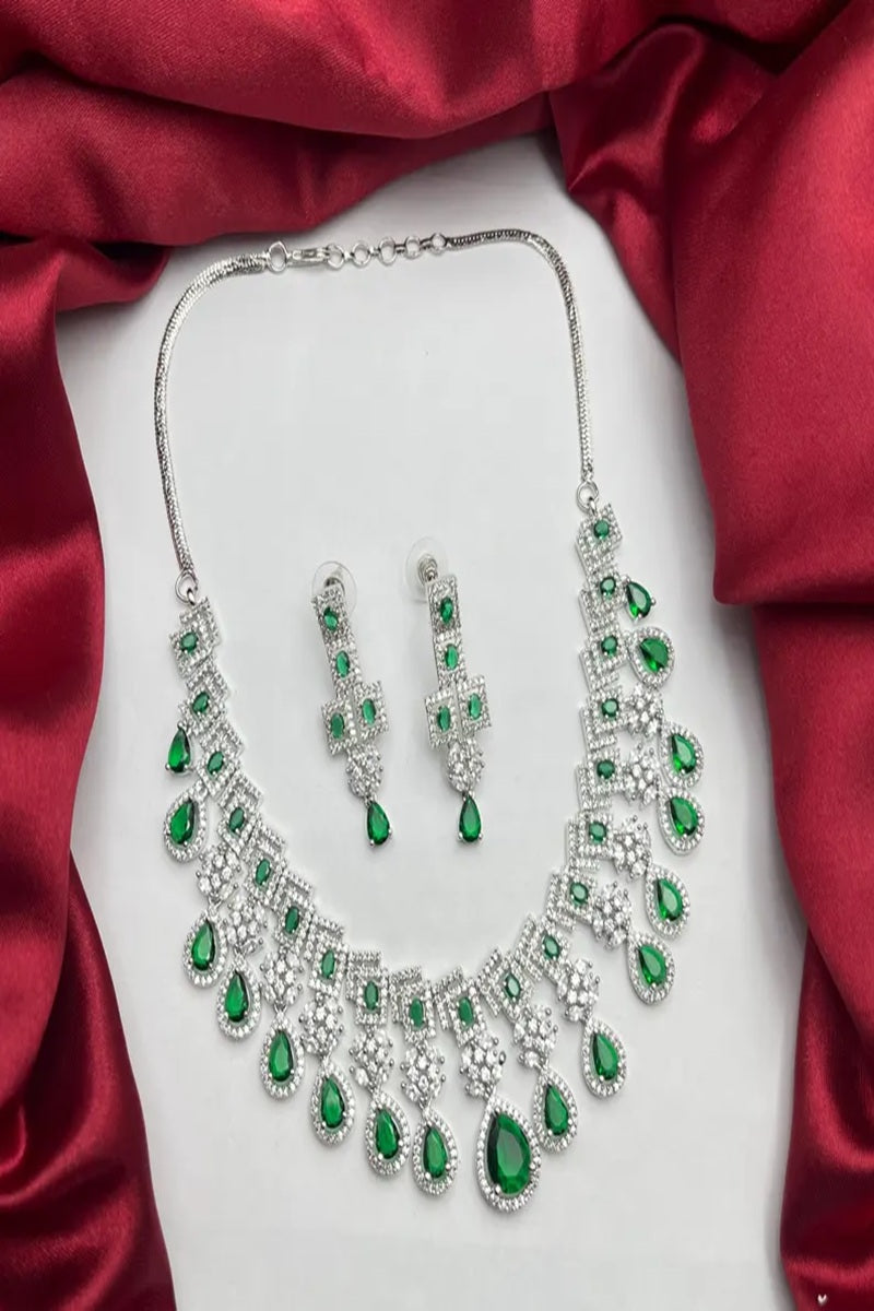 Vastrabhushan Emerald Green CZ Bridal Jewelry Set | Silver Tone Wedding Necklace | Grocsy